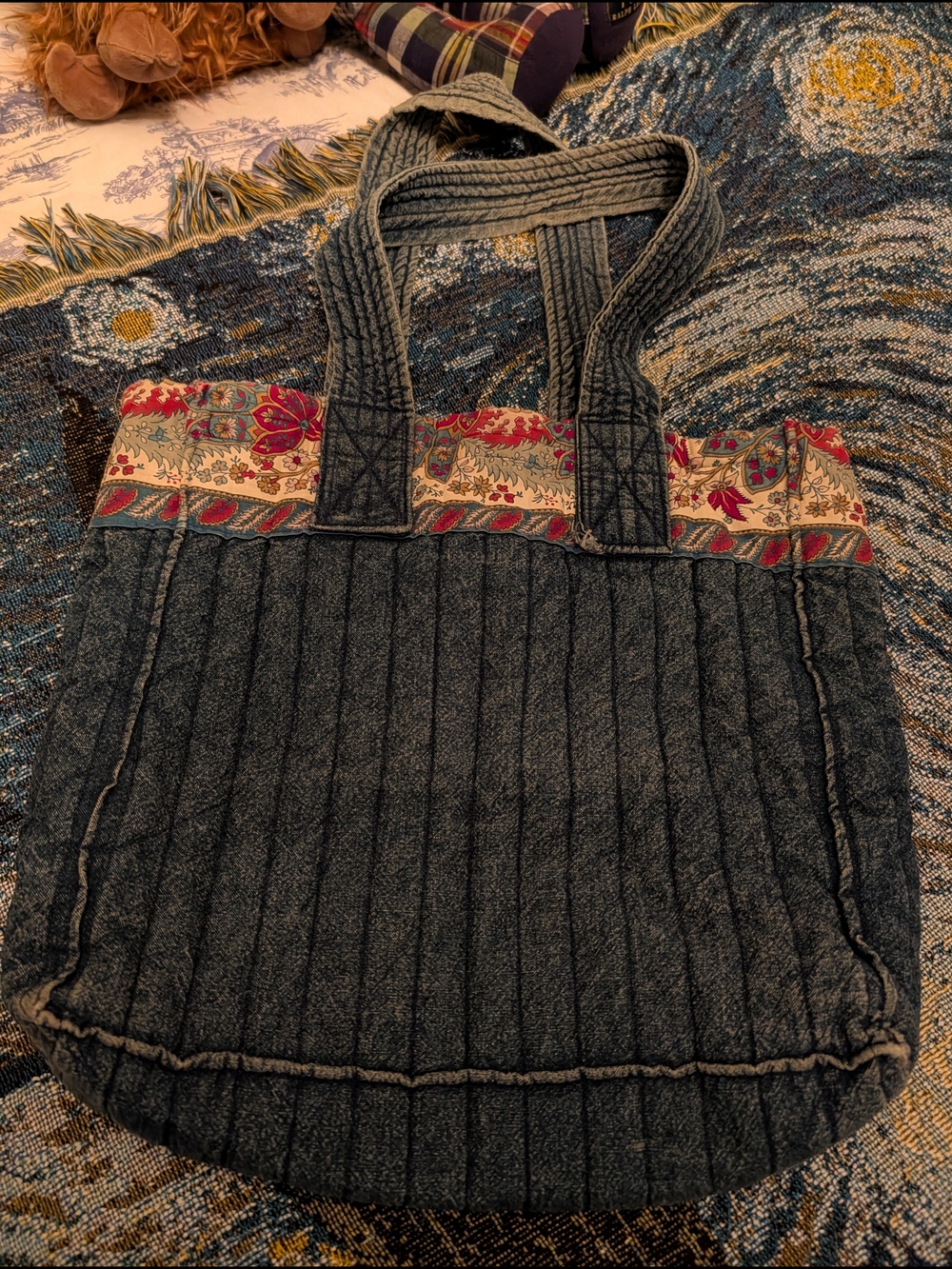 Quilted Denim-Style Tote with Floral Trim